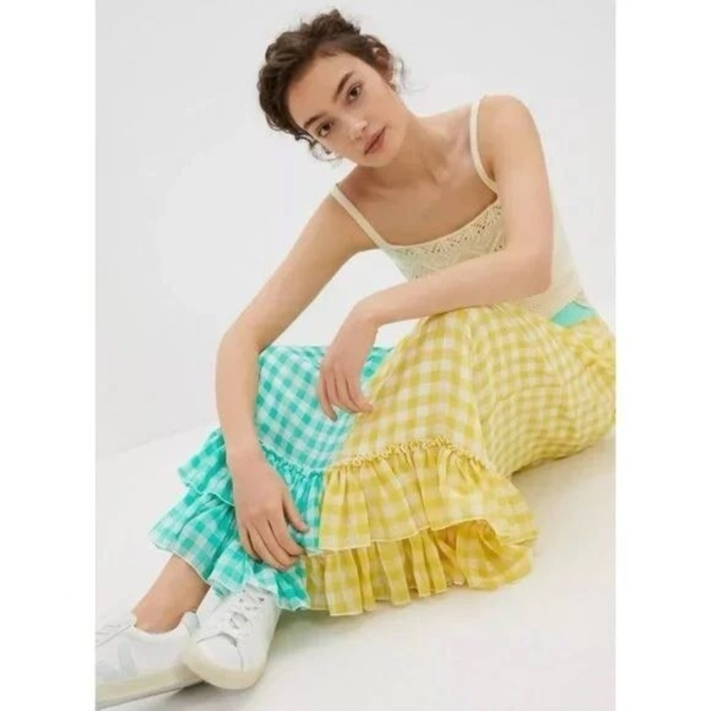 Eva Franco Gingham Maxi Skirt Yellow Mint Green Colorblock Tiered Size S Preppy